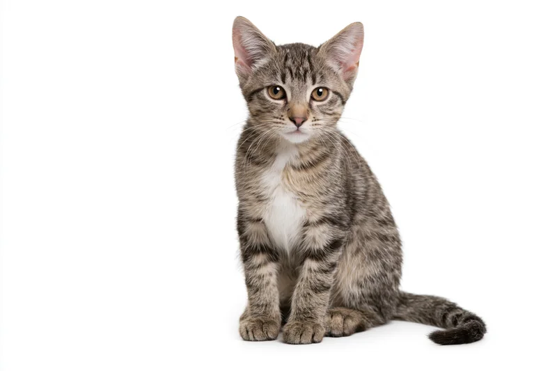 Young tabby kitten sitting upright and facing the camera on white background
