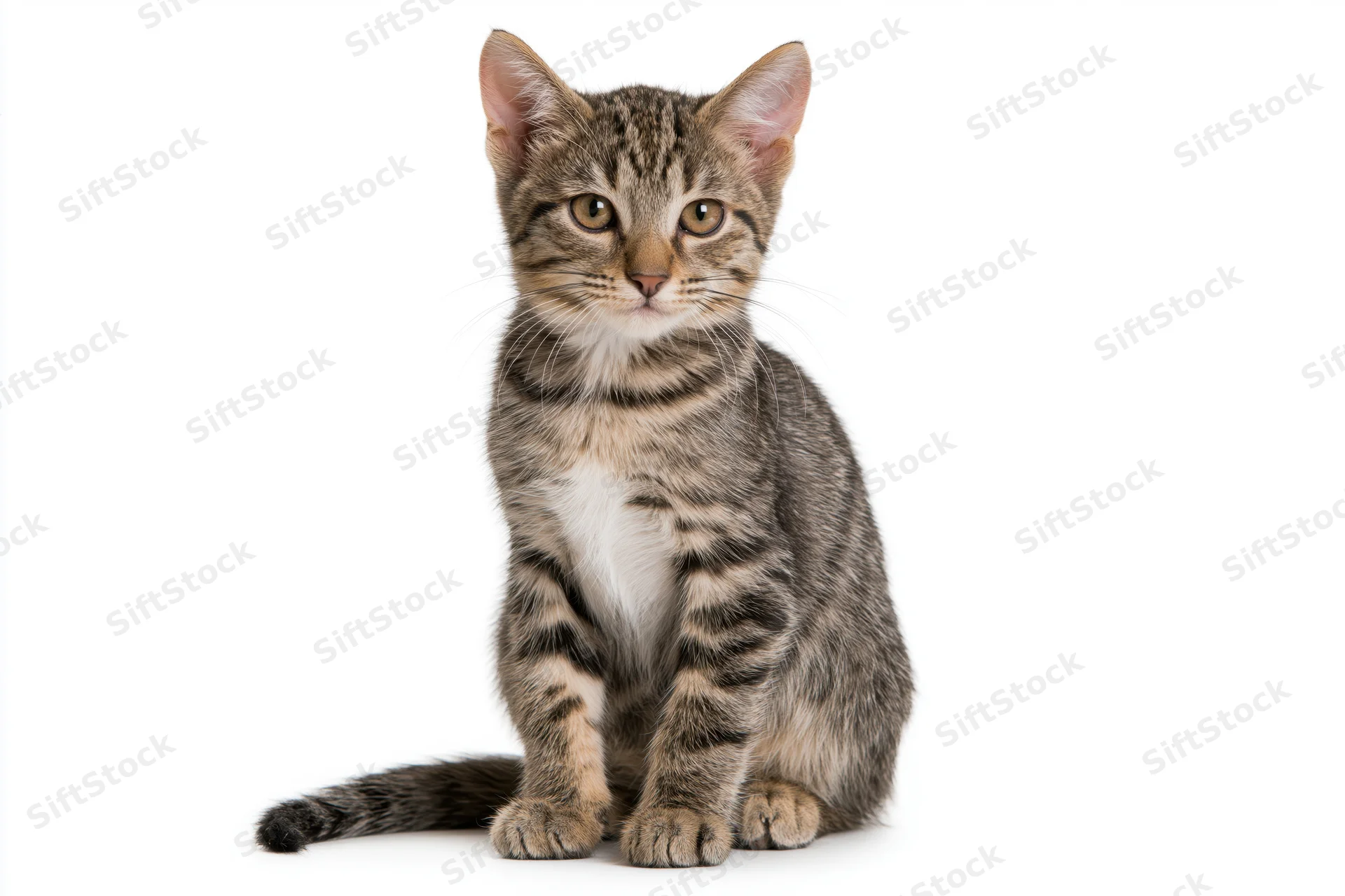 Young tabby kitten sitting upright and facing the camera on white background