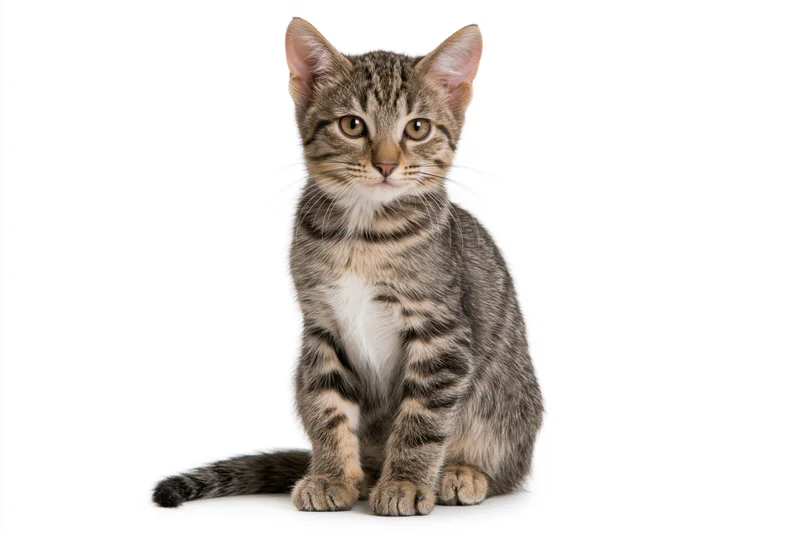 Young tabby kitten sitting upright and facing the camera on white background