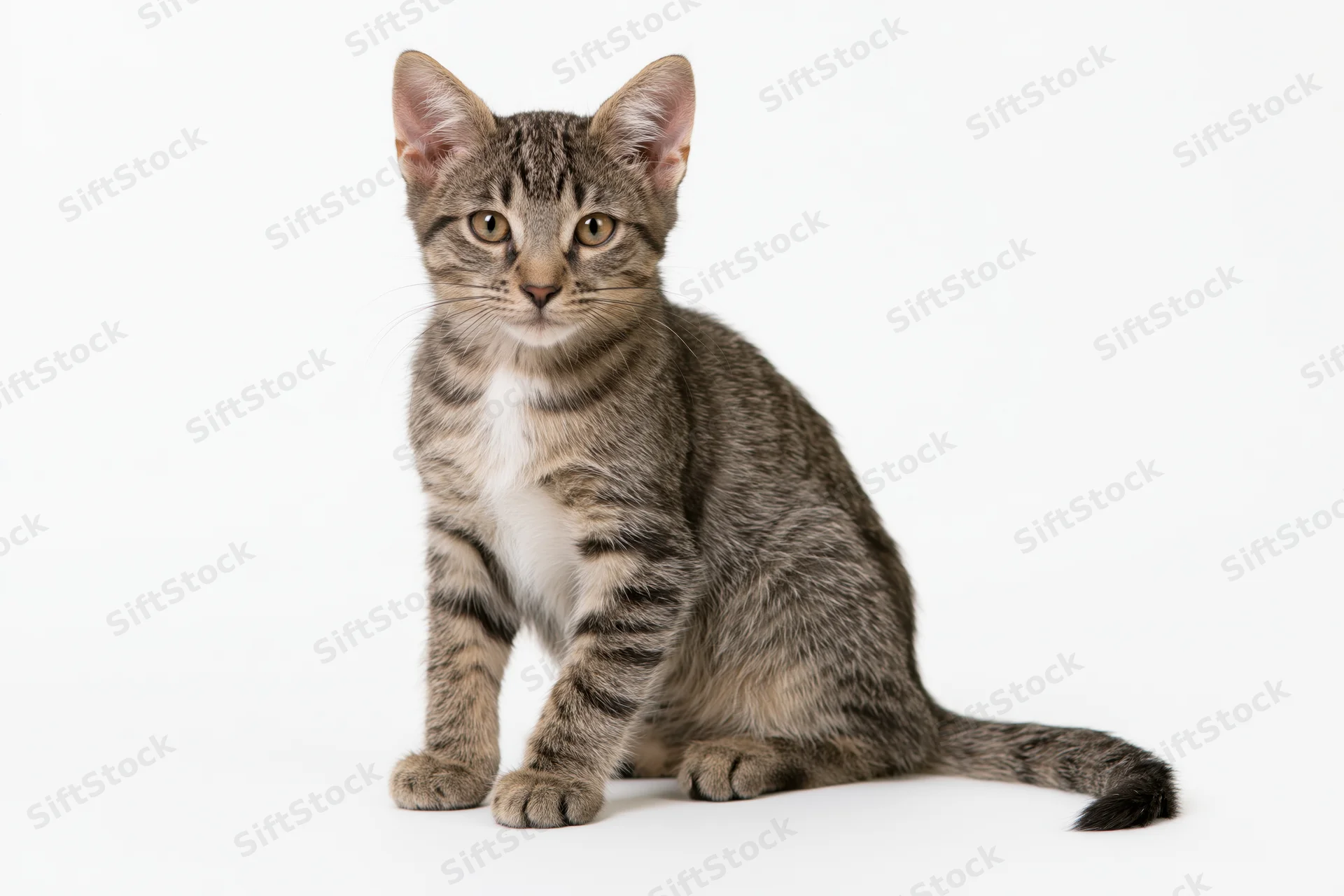 Young tabby kitten sitting upright facing camera in studio on white background