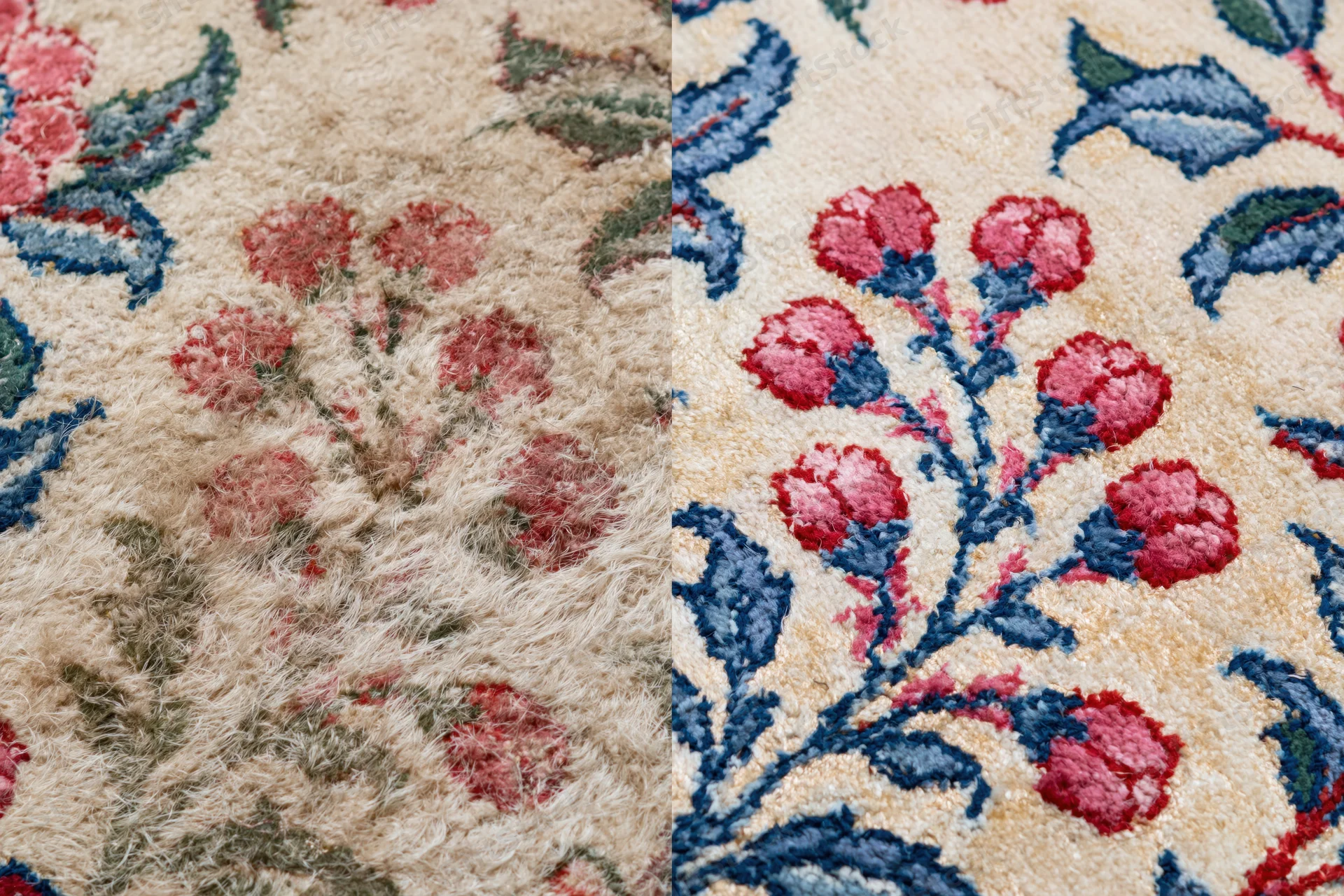 Split view of a persian floral rug showing before and after cleaning with visible texture and color restoration