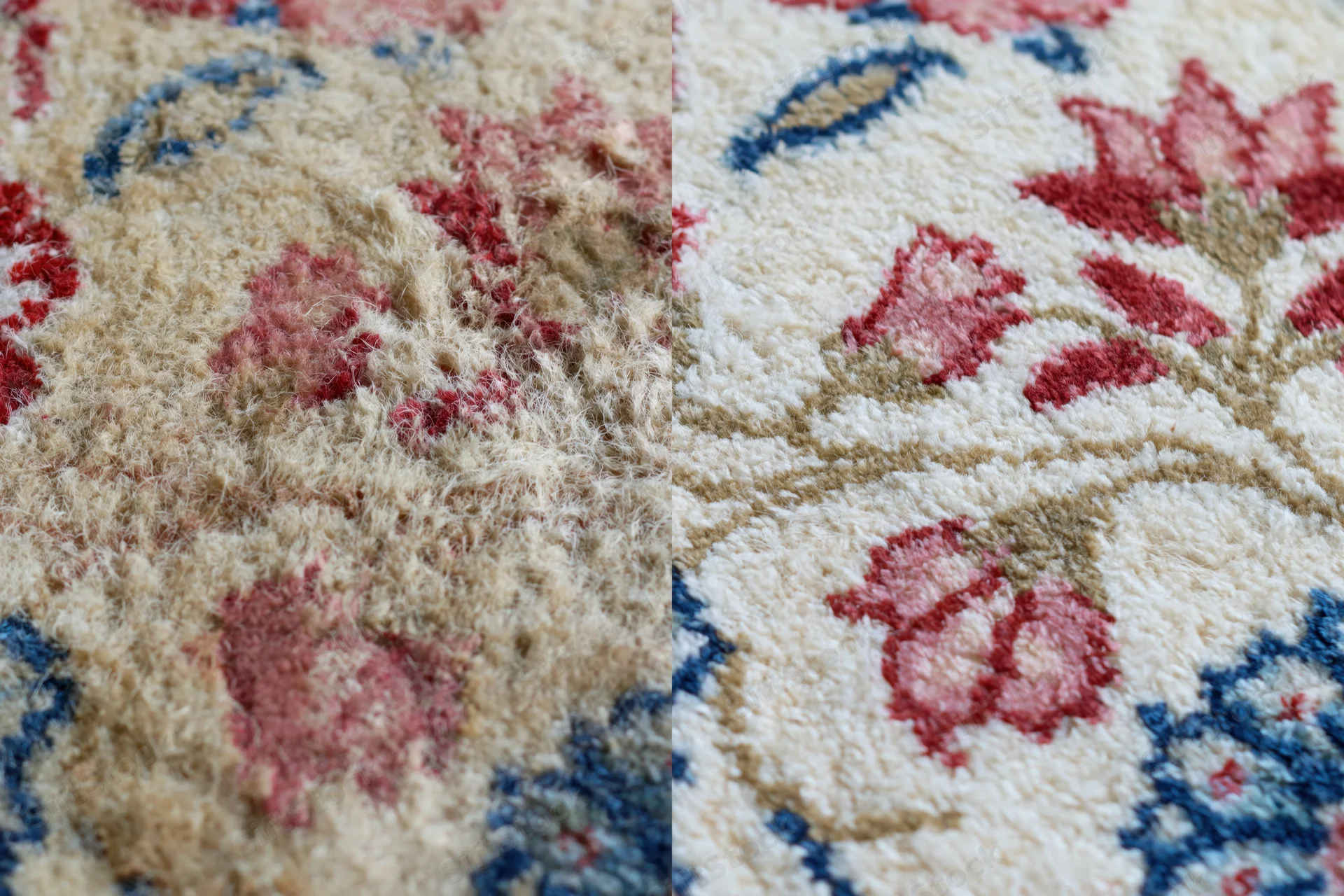 Split view of a persian floral rug showing before and after cleaning with visible texture and color restoration