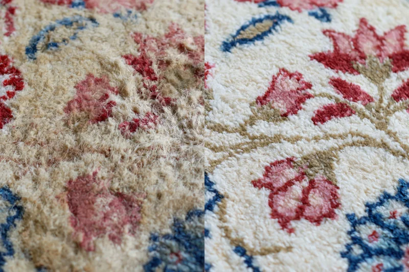 Split view of a persian floral rug showing before and after cleaning with visible texture and color restoration
