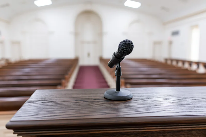 Black microphone on wooden podium in front of church pews and aisle