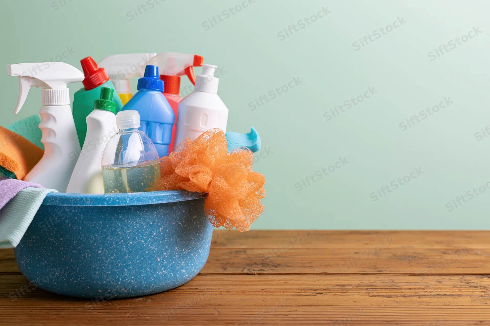 Blue plastic basin filled with cleaning supplies on wooden tabletop