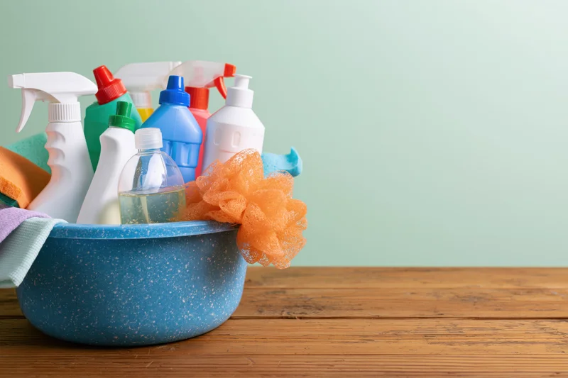 Blue plastic basin filled with cleaning supplies on wooden tabletop