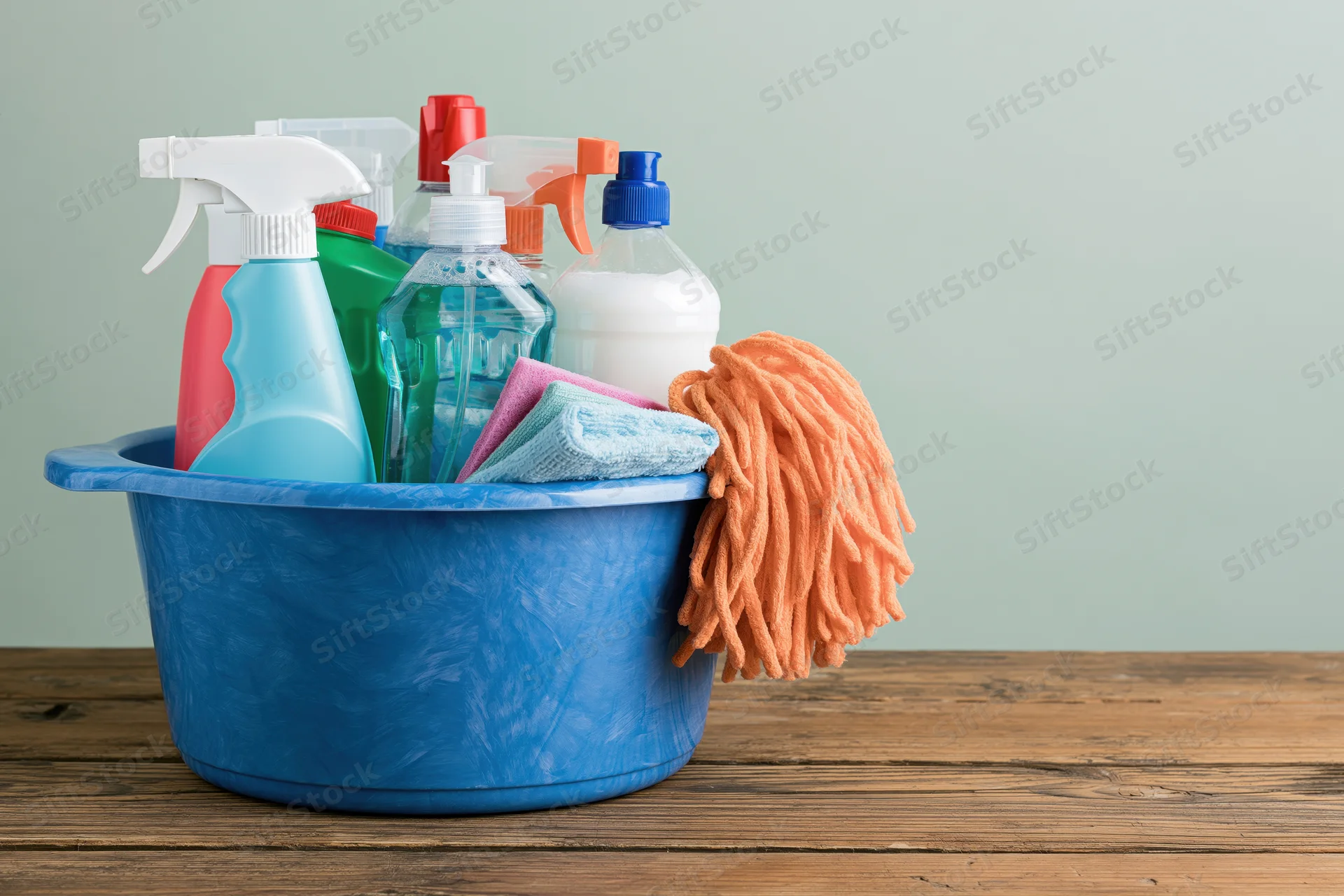 Blue plastic bucket filled with cleaning supplies and mop on wooden table