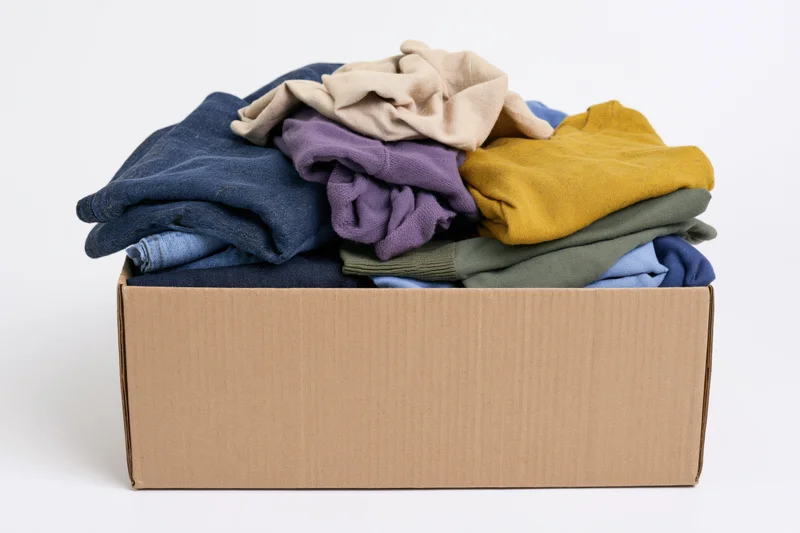 Cardboard box overflowing with folded clothing against white background