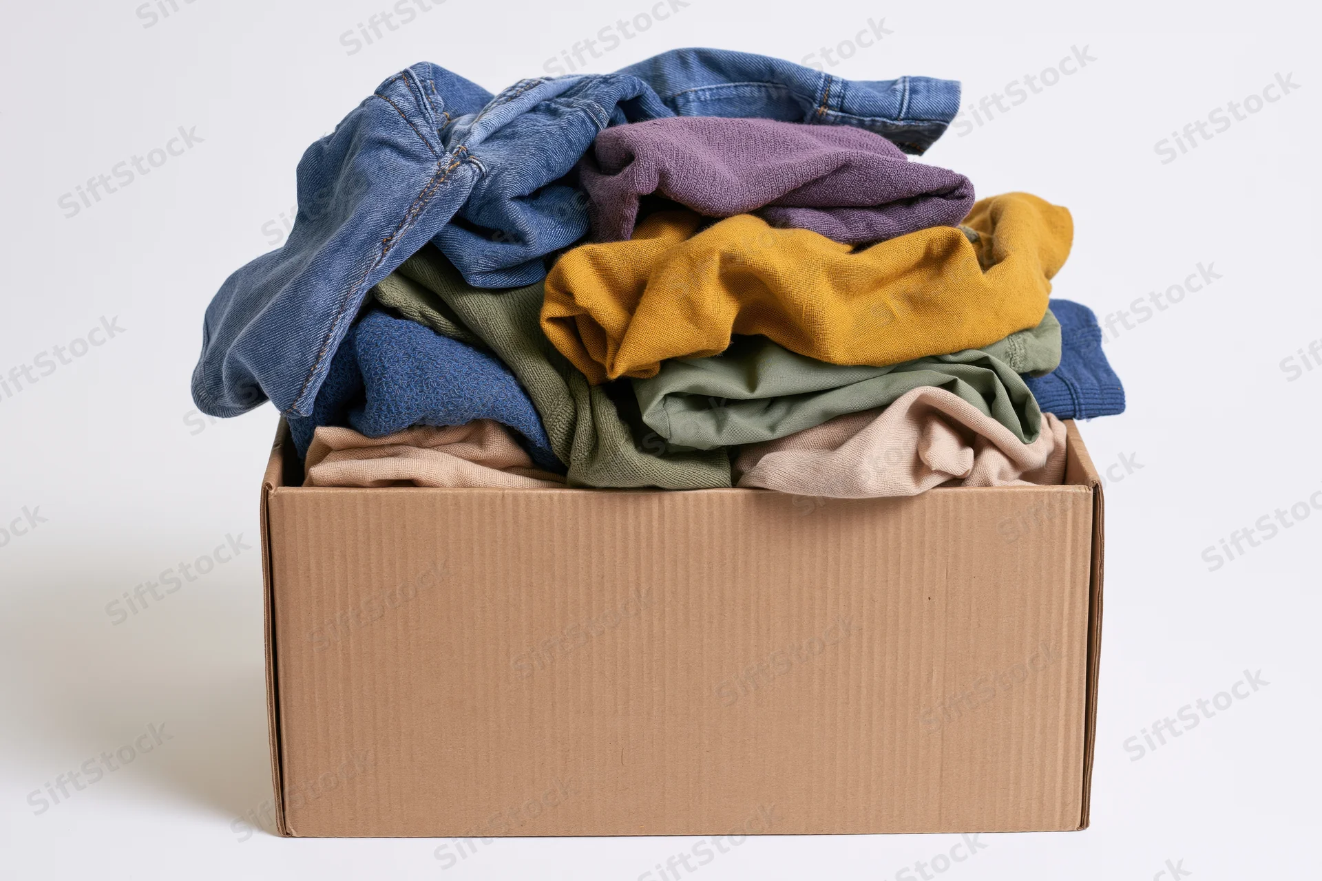 Cardboard box overflowing with folded clothing on white background