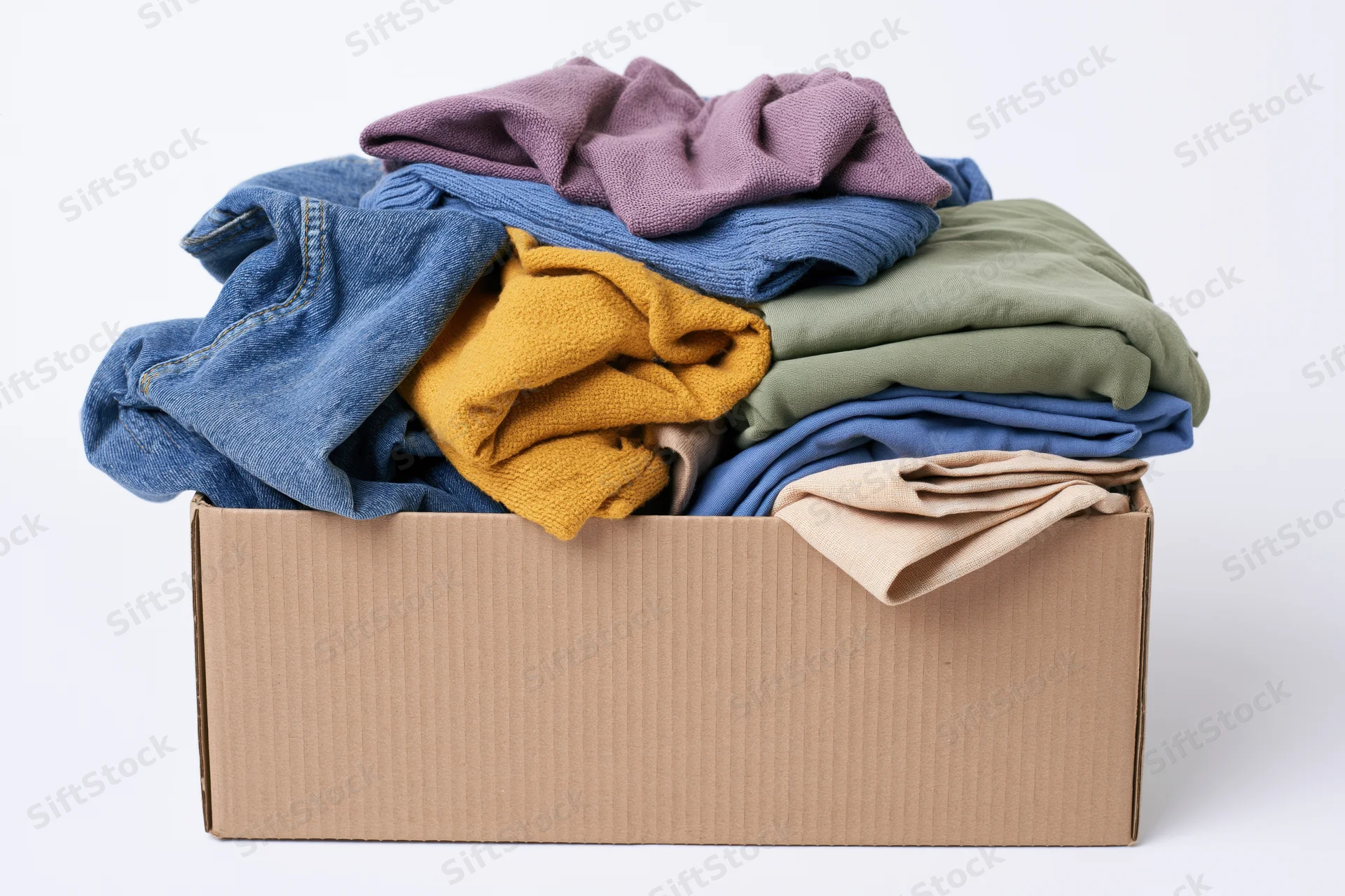 Cardboard box overflowing with folded clothing on white background