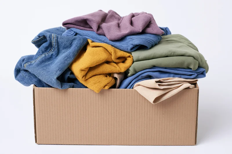 Cardboard box overflowing with folded clothing on white background