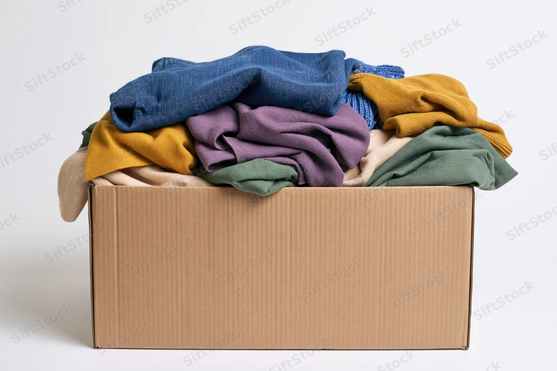 Cardboard box overflowing with folded clothing against white background