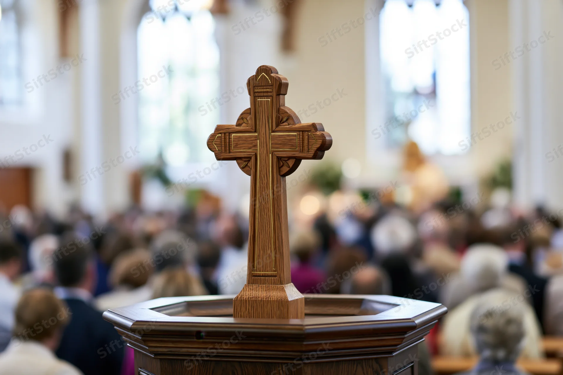 Carved wooden cross with brass inlay on baptismal font in church interior with congregation in background