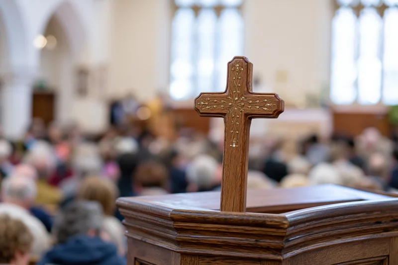 Carved wooden cross with brass inlay on pulpit in church with congregation in background