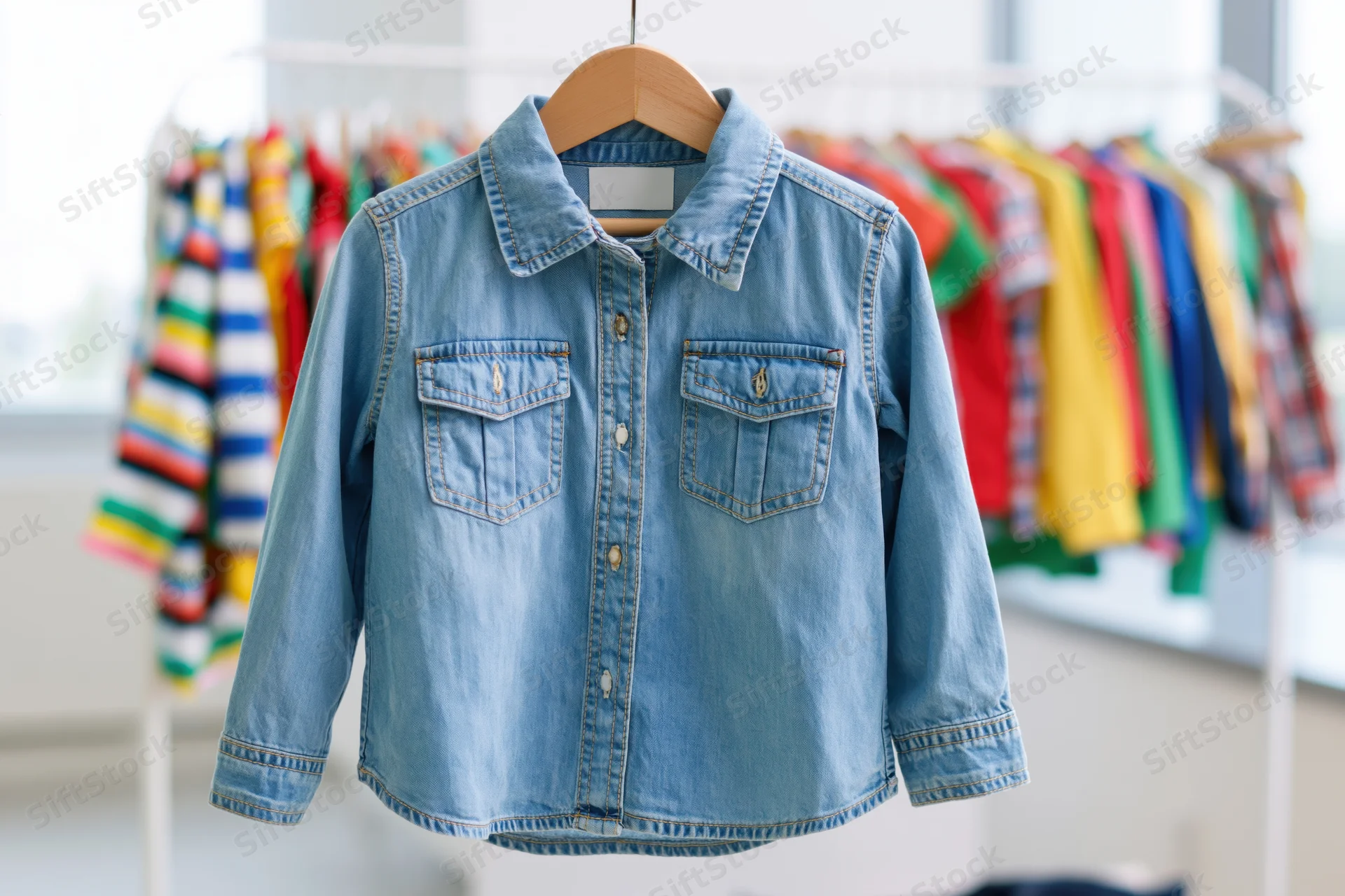 Childrens denim button-up shirt hanging on wooden hanger in retail store with colorful clothes on rack behind