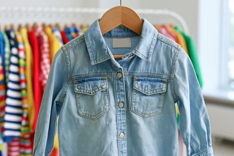Childrens denim button-up shirt hanging on a wooden hanger