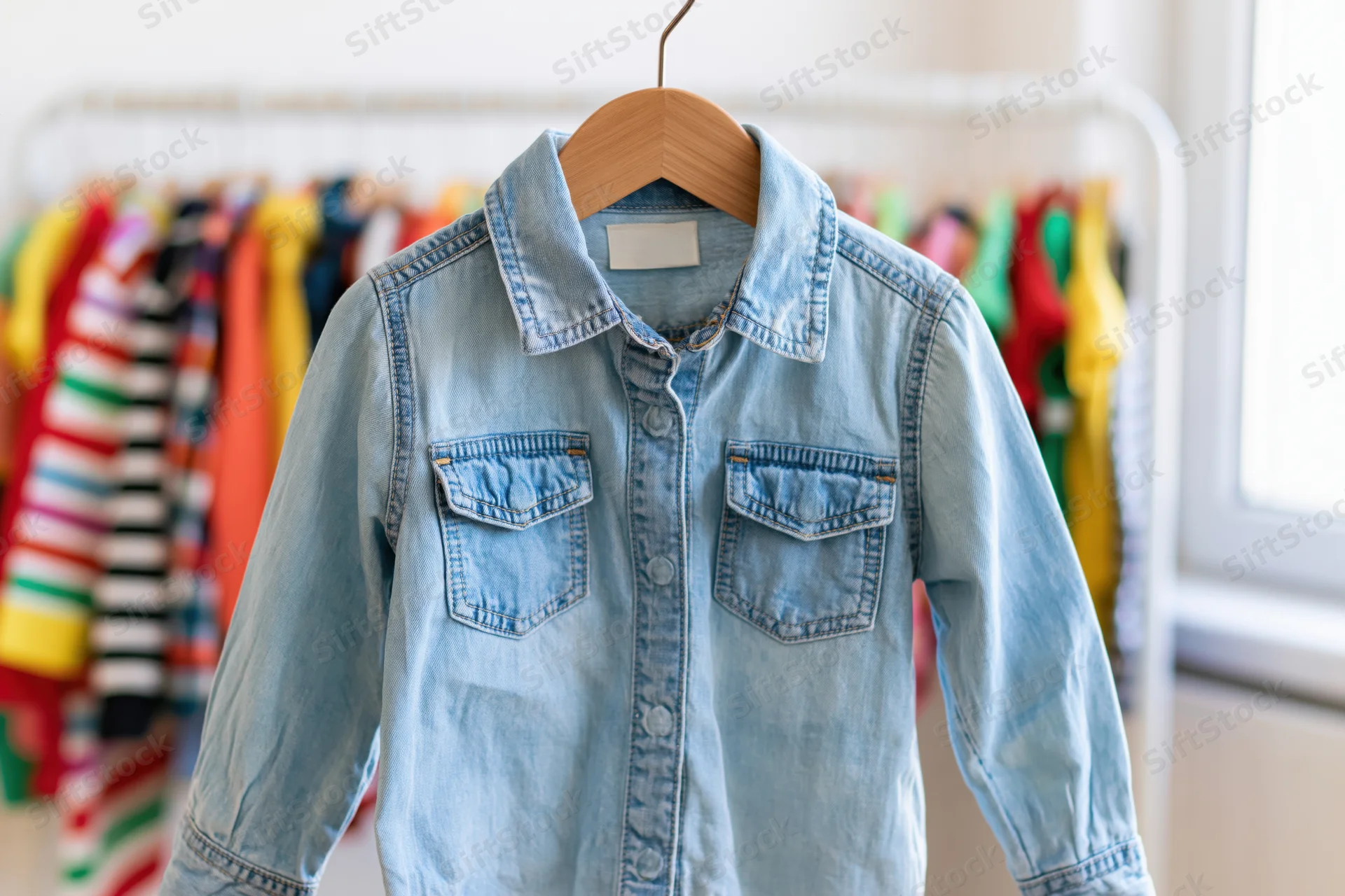 Childrens denim button-up shirt on wooden hanger in front of clothing rack