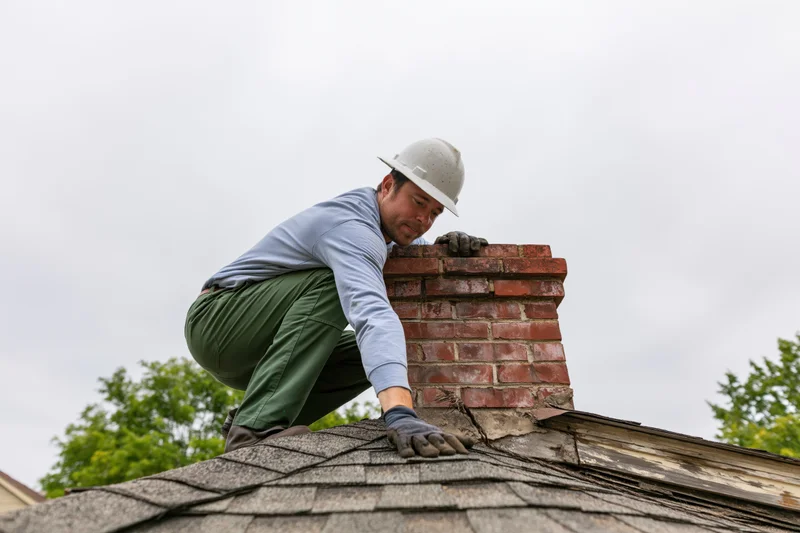 Chimney sweep worker crouching on roof beside brick chimney during inspection