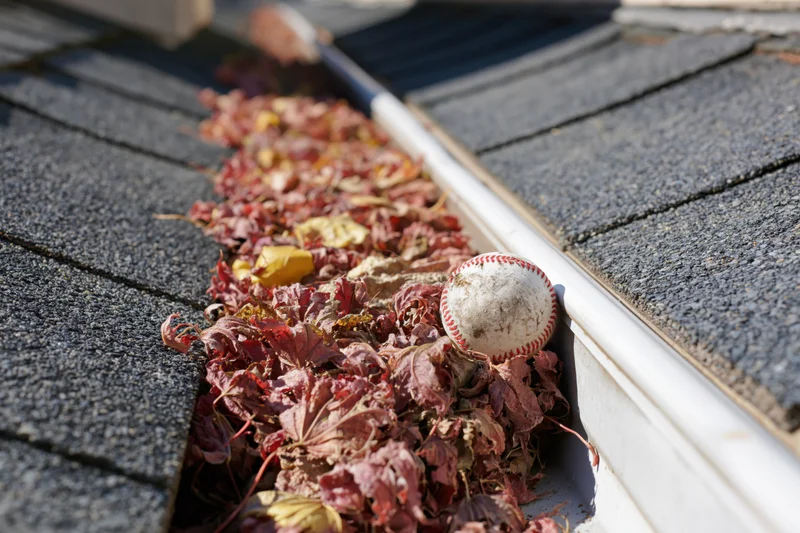 Clogged residential rain gutter filled with dry autumn leaves and a baseball on a shingled roof