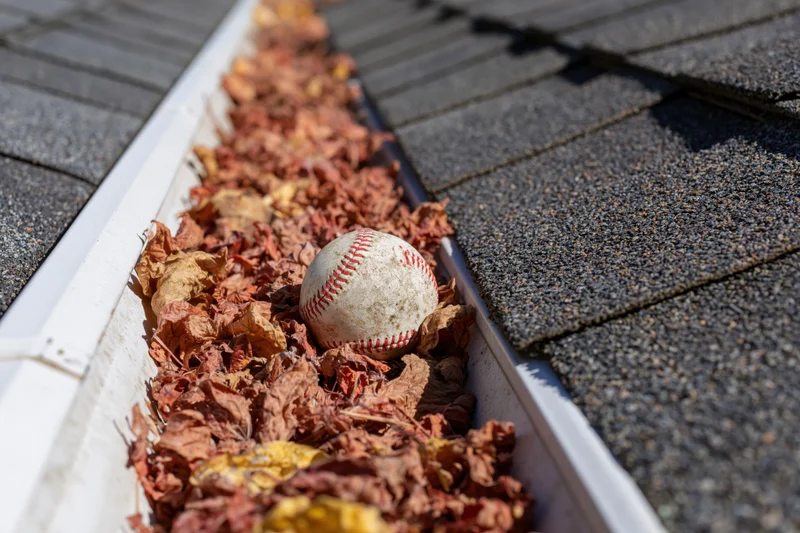 Baseball resting in a clogged residential gutter filled with dry autumn leaves on a shingled roof