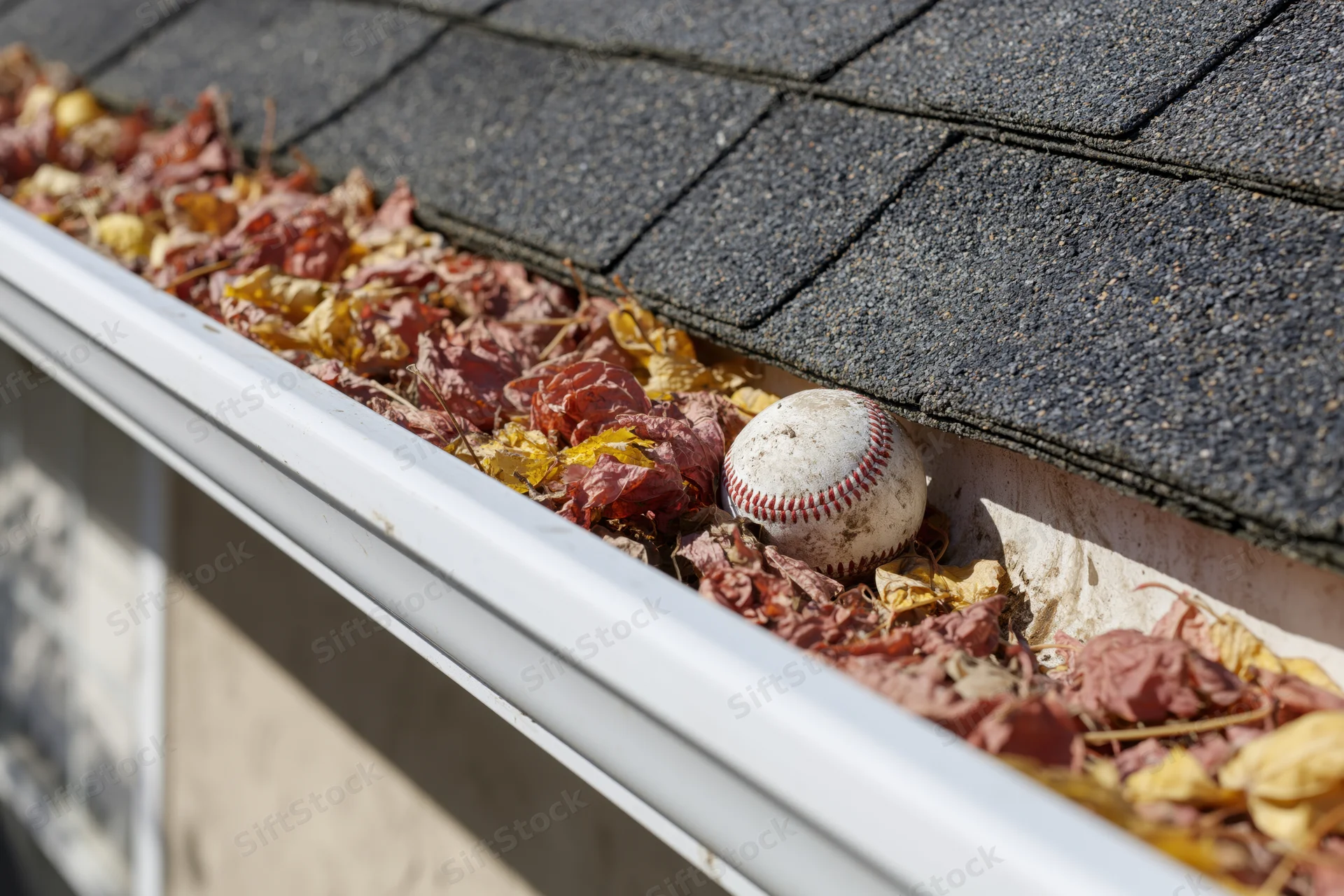 Clogged residential rain gutter filled with dry autumn leaves and a baseball on a shingled roof