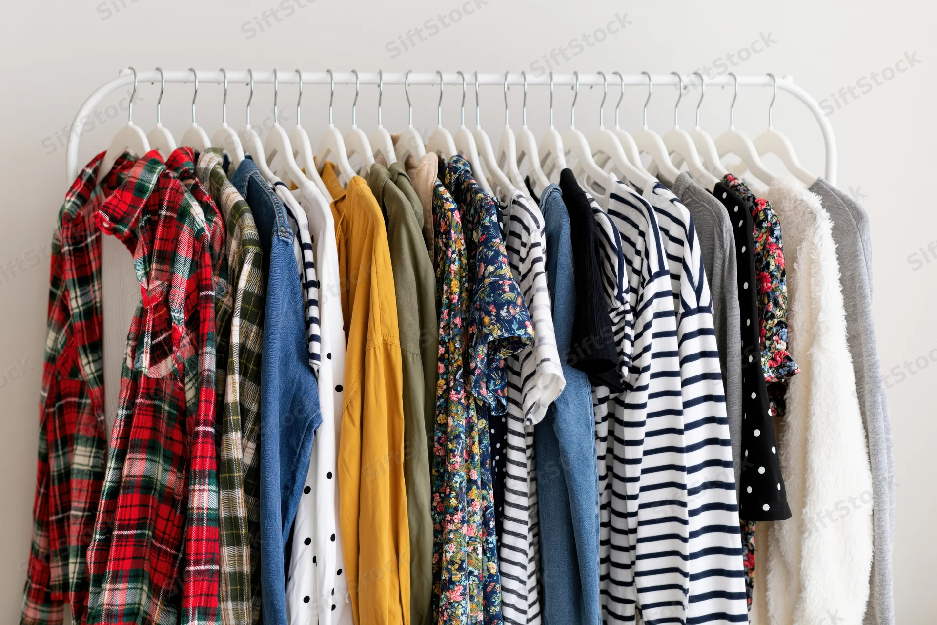 Assorted casual garments hanging on a white clothing rack against a plain wall