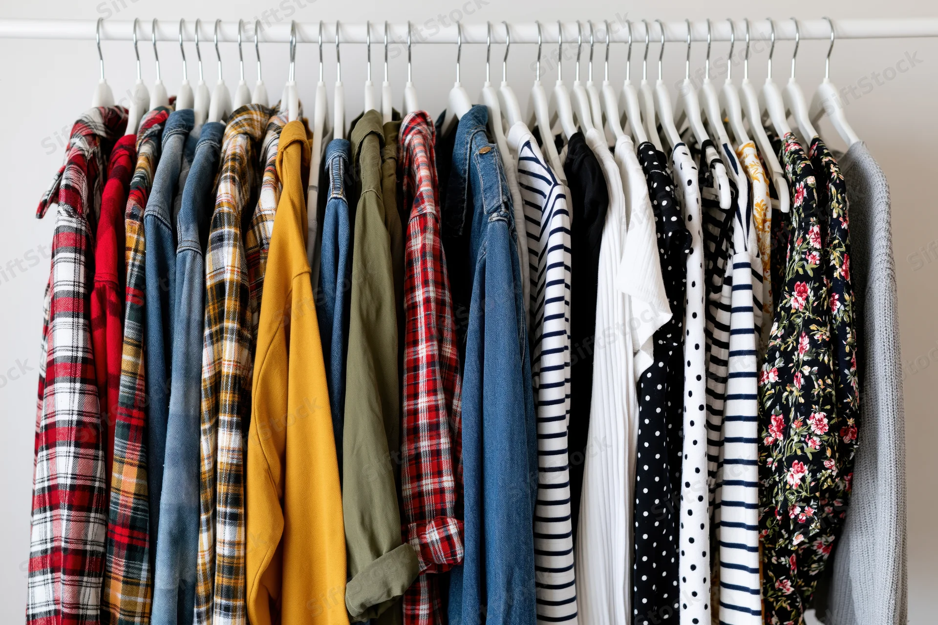 Assorted casual garments hanging on a white rack against a plain wall