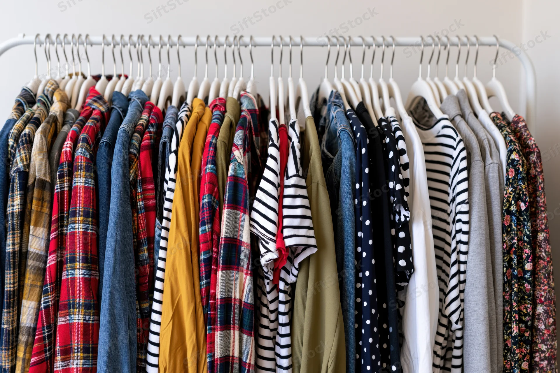 Clothing rack filled with assorted casual garments hanging in a closet