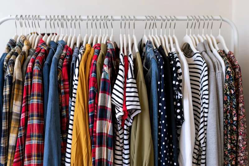 Clothing rack filled with assorted casual garments hanging in a closet