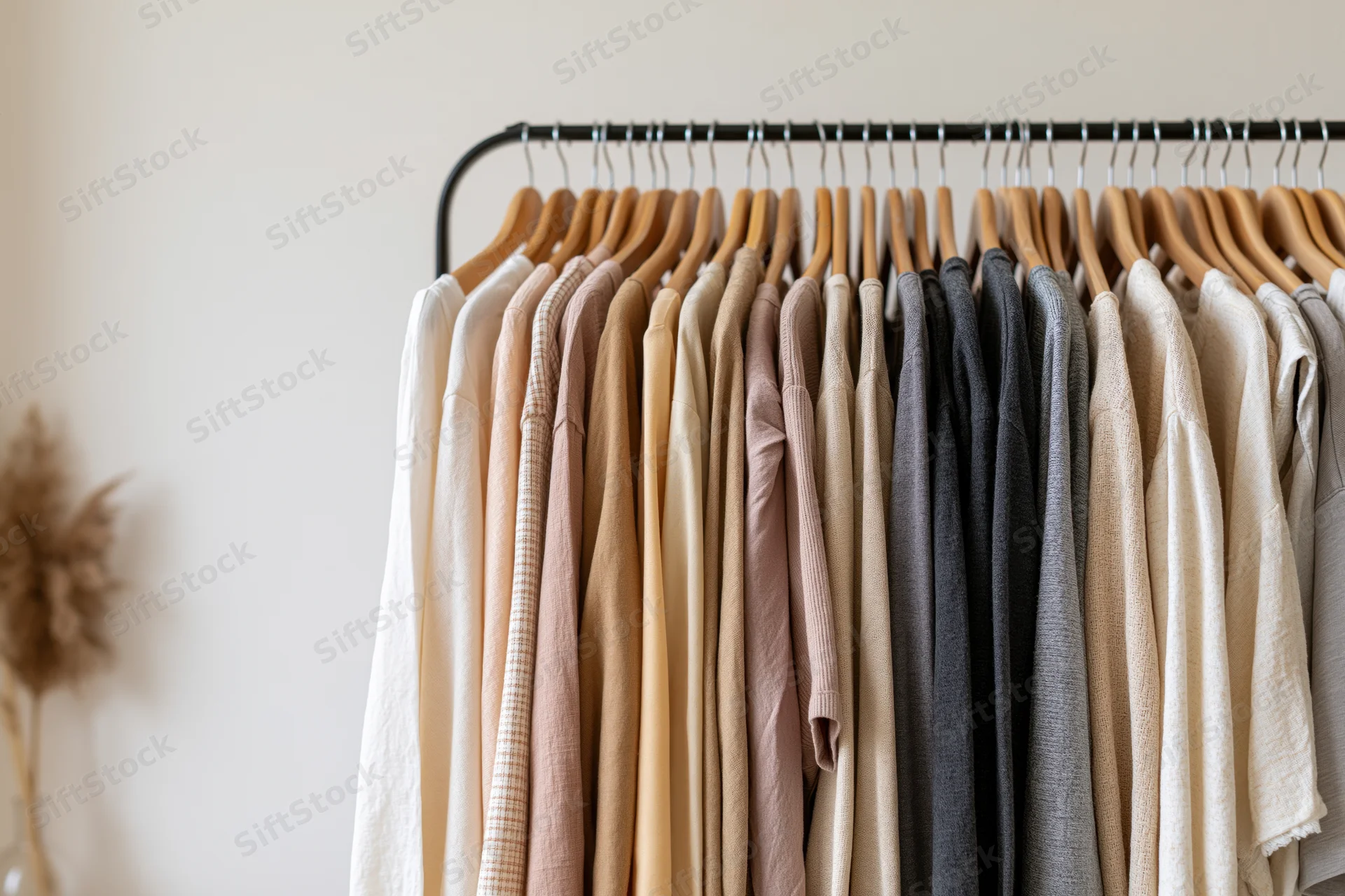 Clothing rack with neatly hung garments in neutral tones against a plain wall