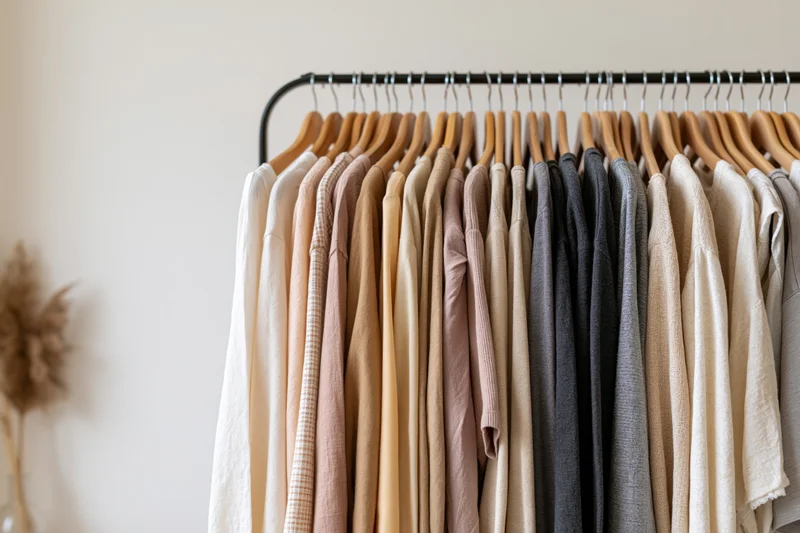 Clothing rack with neatly hung garments in neutral tones against a plain wall