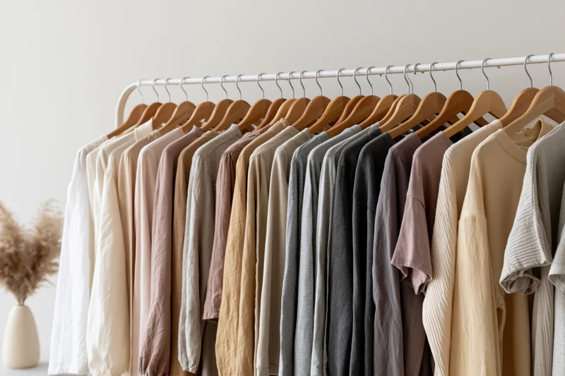 Clothing rack with neatly hung garments on wooden hangers in a minimalist interior