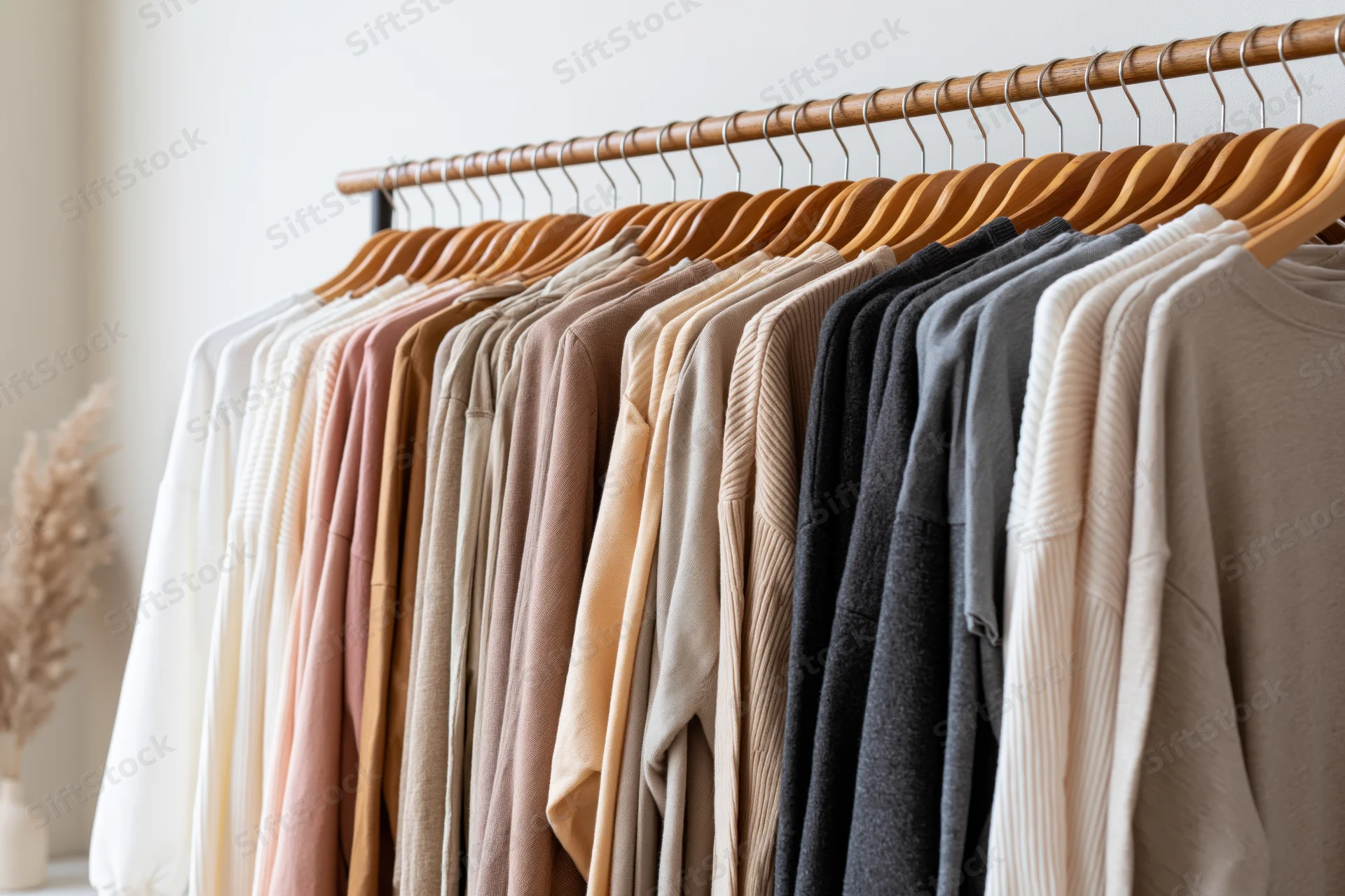 Neatly arranged sweaters and knitwear on wooden hangers in a minimalist clothing rack