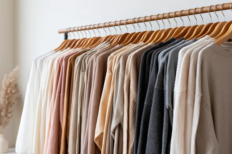 Neatly arranged sweaters and knitwear on wooden hangers in a minimalist clothing rack