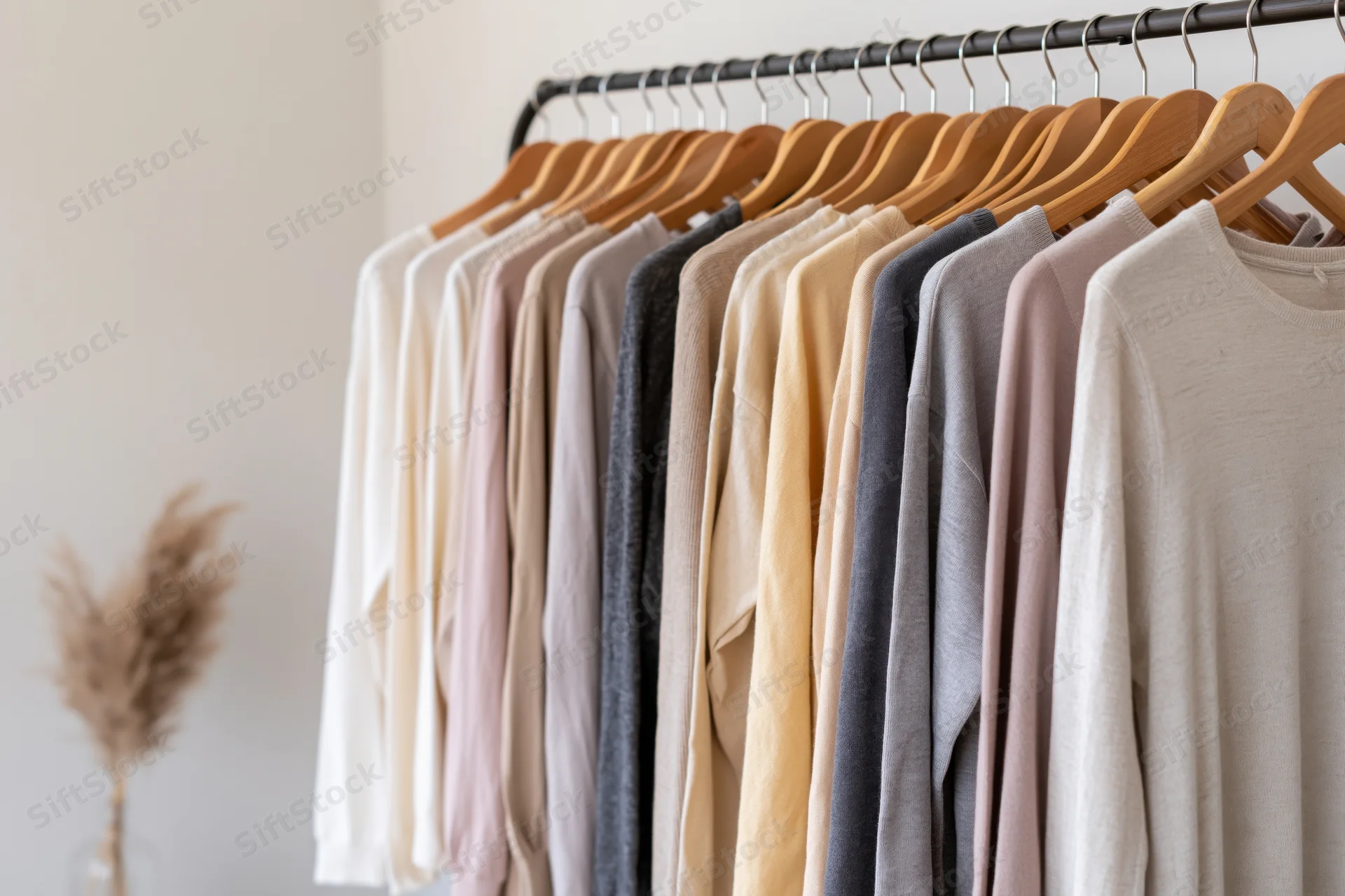 Clothing rack with neatly hung garments on wooden hangers in a minimalist interior