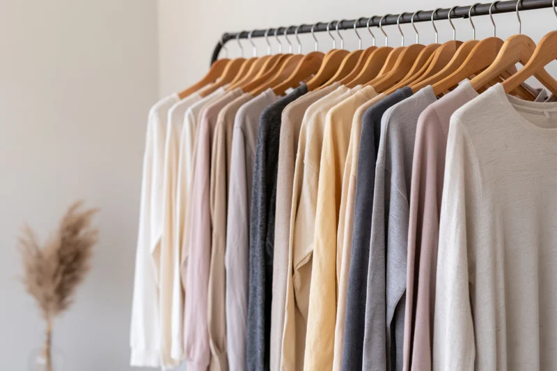 Clothing rack with neatly hung garments on wooden hangers in a minimalist interior