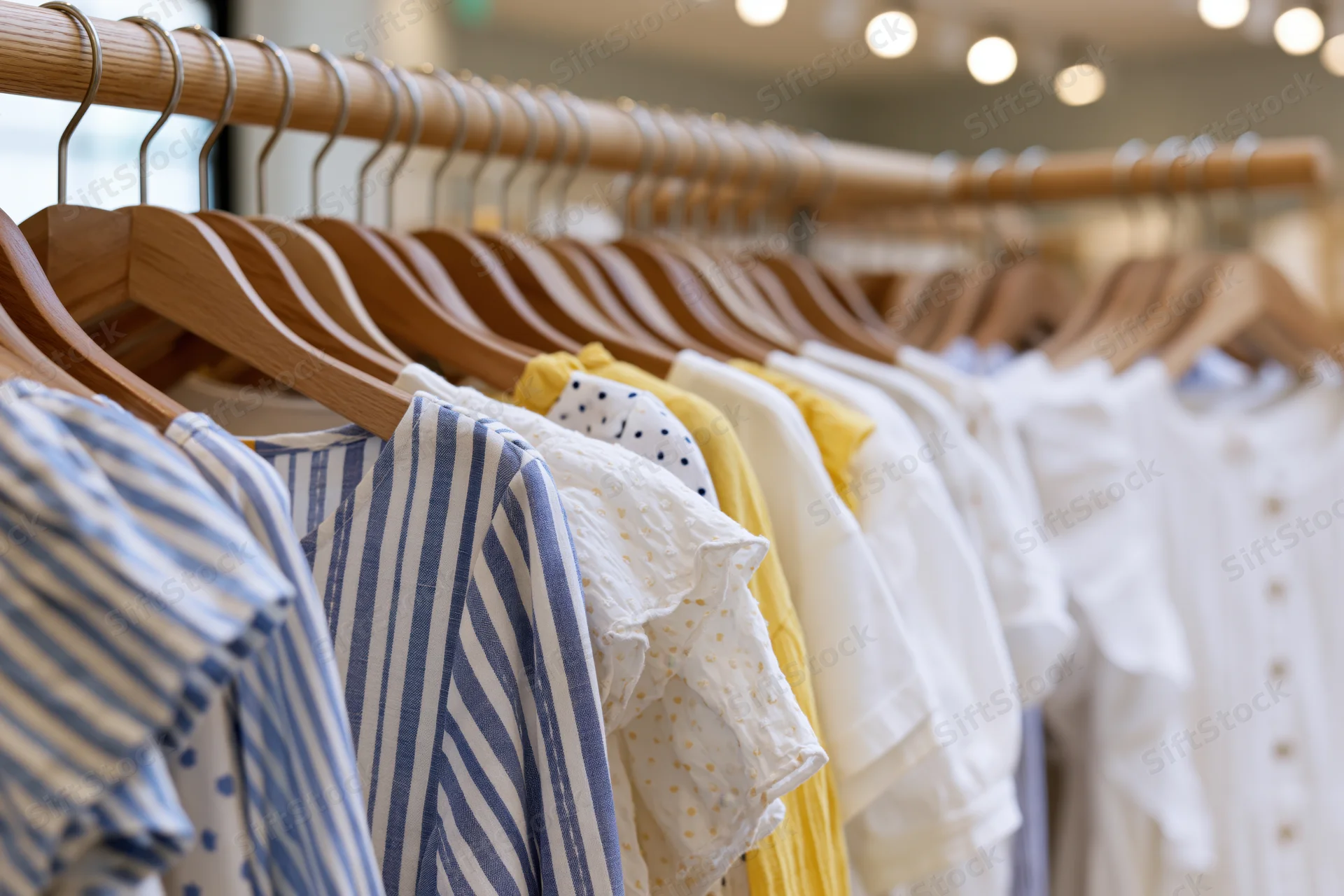 Women's blouses and ruffled dresses hanging on a wooden rack in a retail store