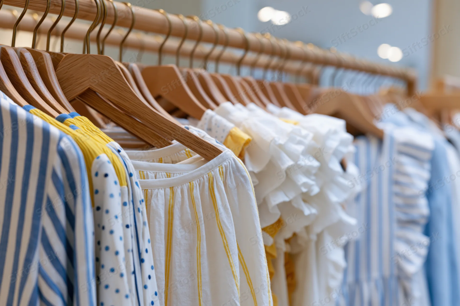 Women's blouses and ruffled dresses on wooden hangers in a retail store display