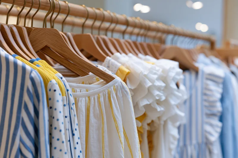 Women's blouses and ruffled dresses on wooden hangers in a retail store display