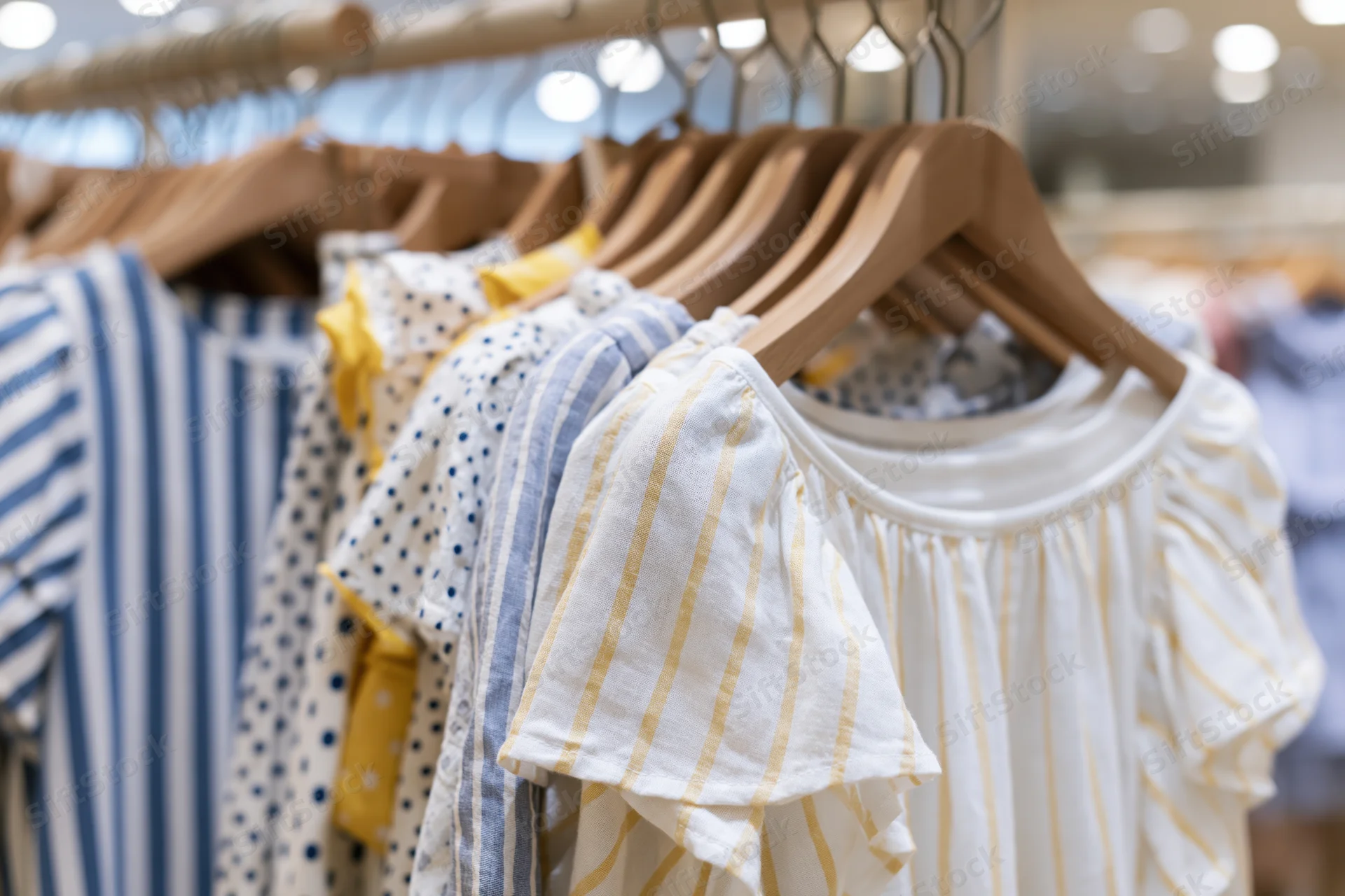 Women's blouses and ruffled dresses hanging on a wooden rack in a retail store