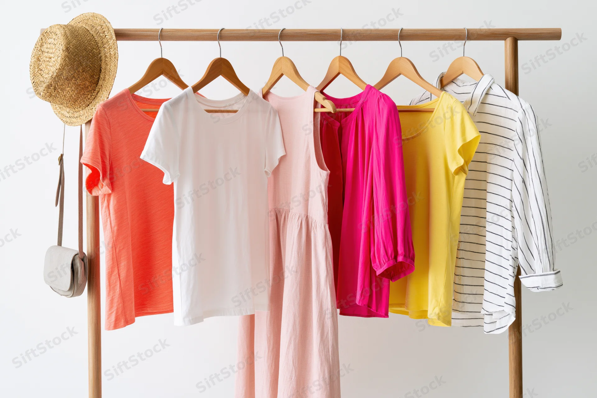 Six women's summer garments hanging on a wooden rack with a straw hat and crossbody bag