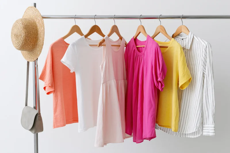 Women's summer clothing on a rack with straw hat and bag, including t-shirts, dresses and a striped blouse, arranged for display