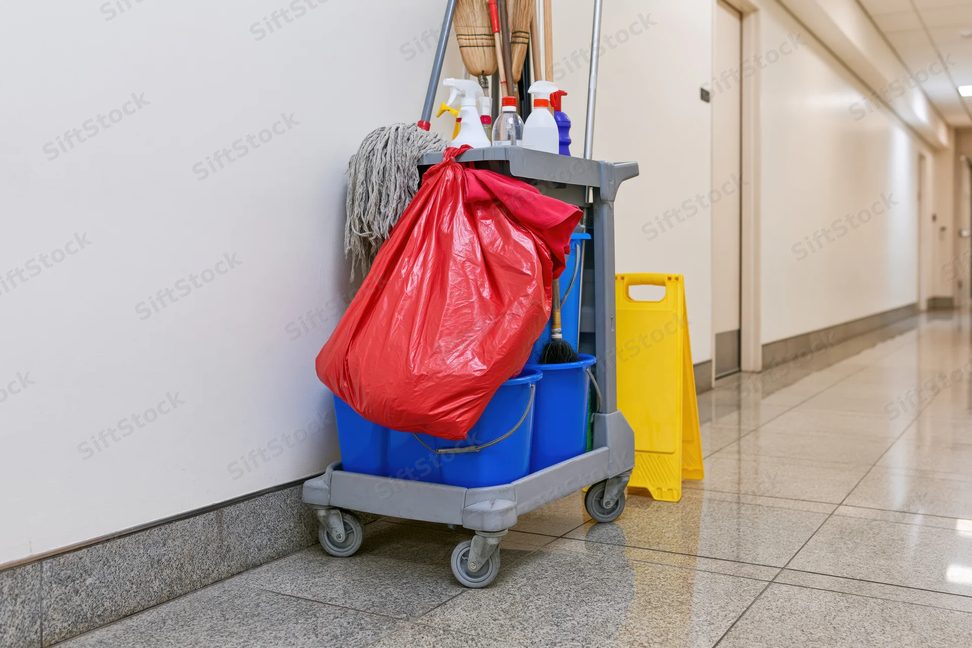 Janitorial cleaning cart loaded with mops and supplies in a hallway