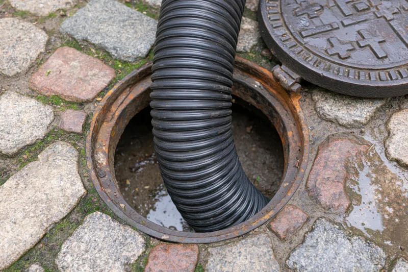 Black corrugated plastic hose inserted into open manhole on cobblestone pavement