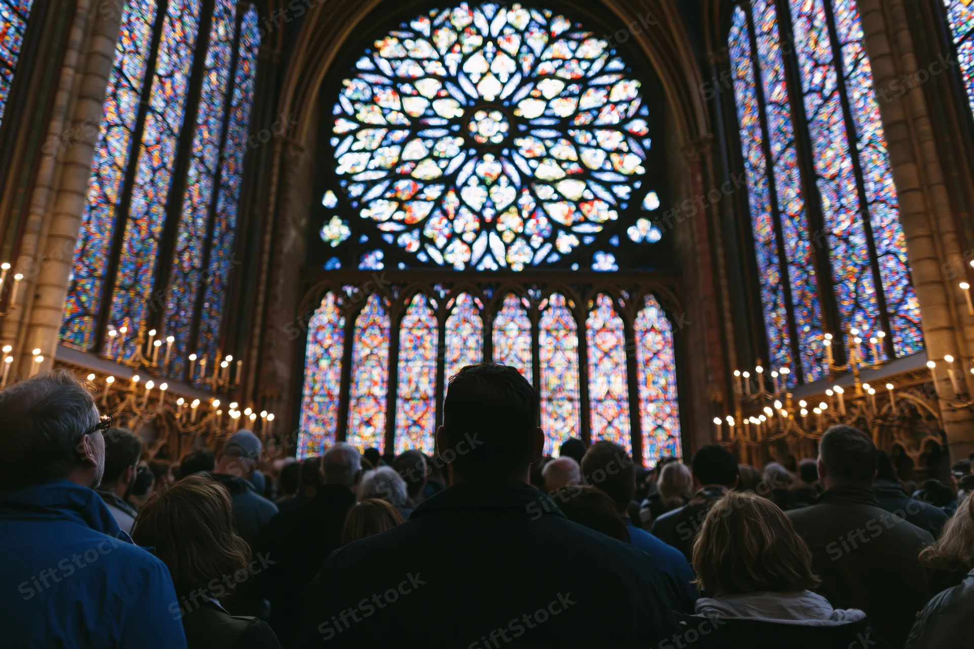 Visitors in silhouette facing a large rose window in a gothic cathedral interior