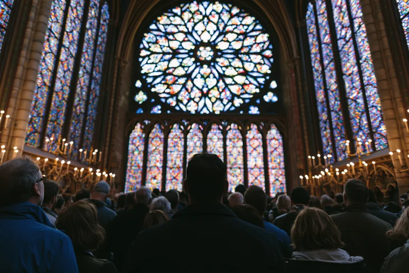 Visitors in silhouette facing a large rose window in a gothic cathedral interior