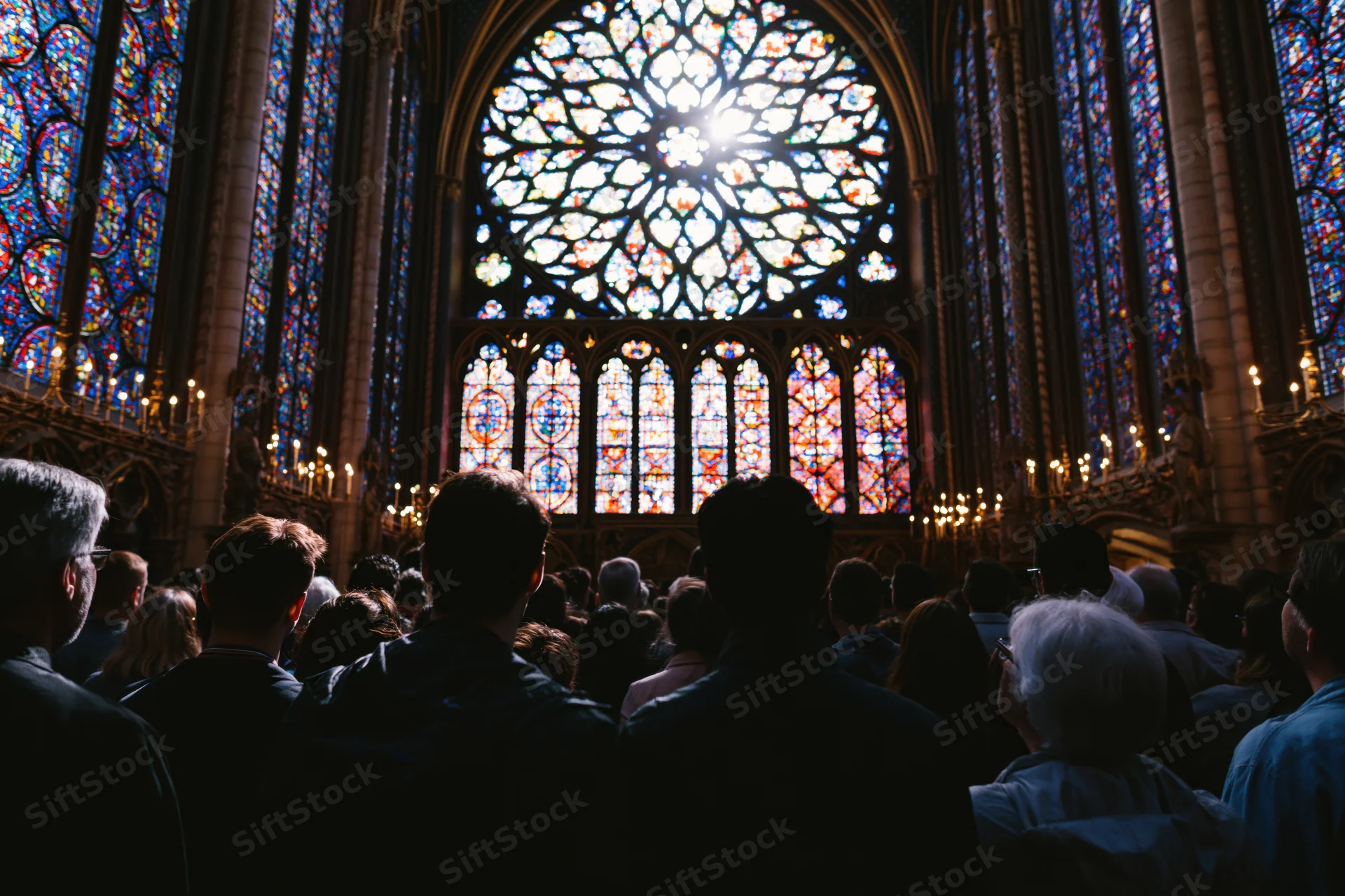 Visitors in silhouette facing a stained glass rose window inside a gothic cathedral