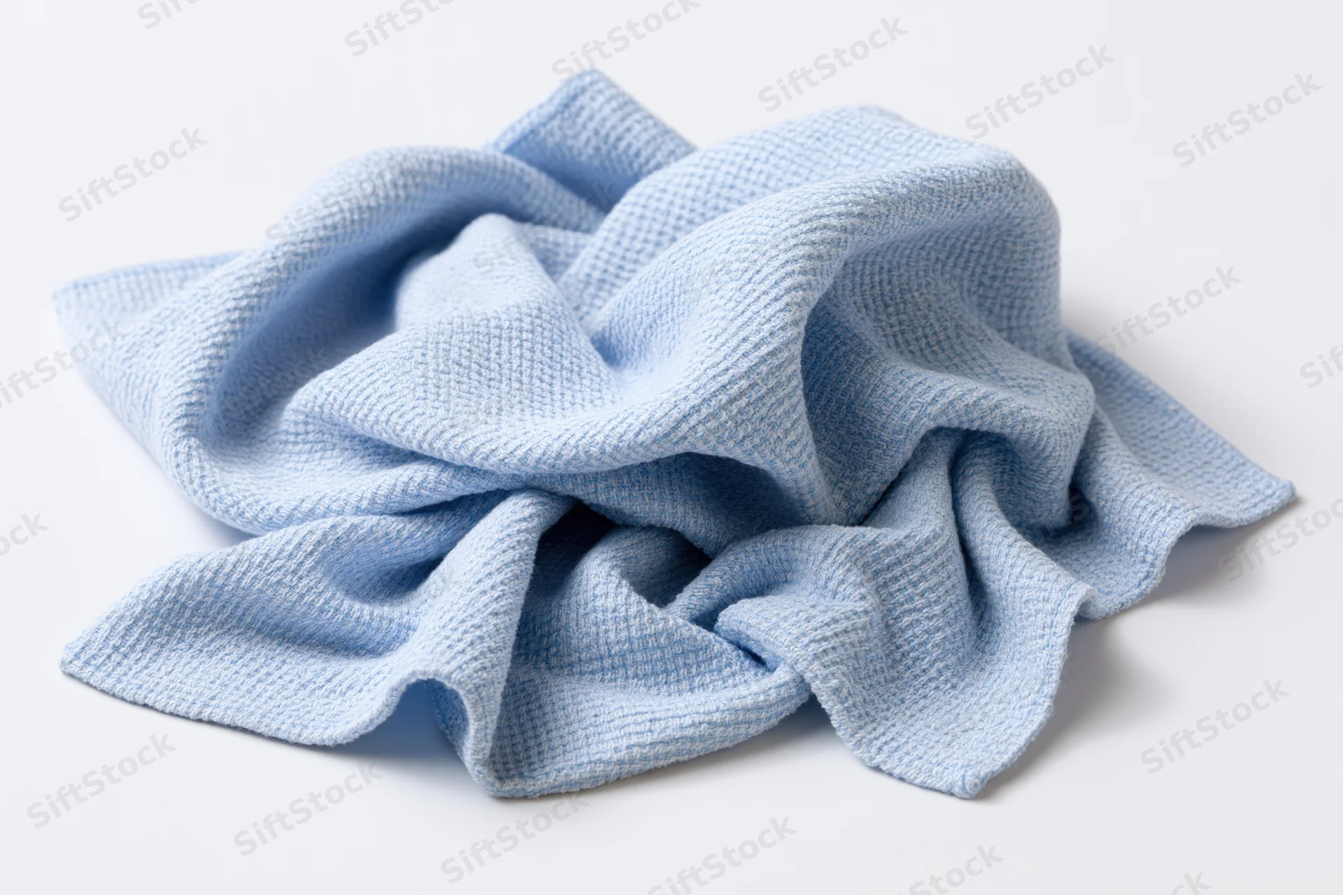 Crumpled light blue microfiber cloth on white background