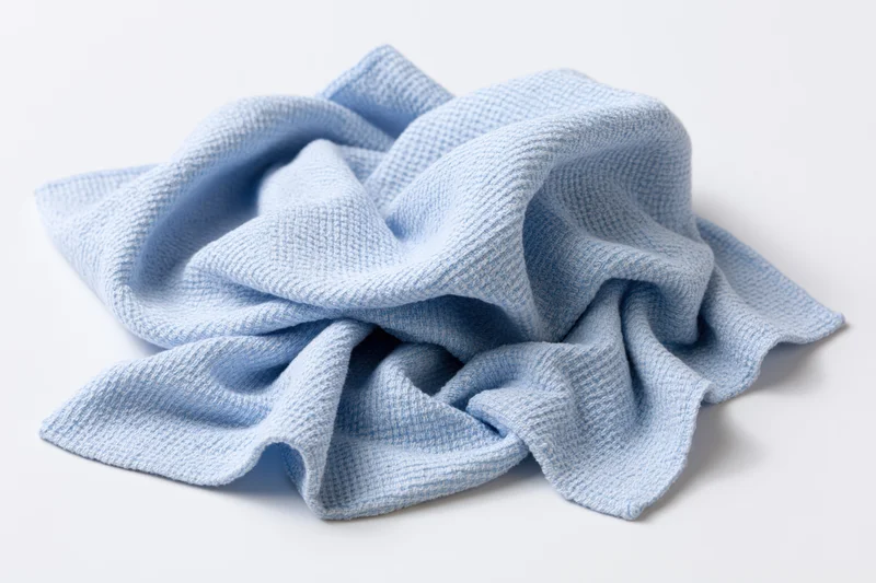 Crumpled light blue microfiber cloth on white background