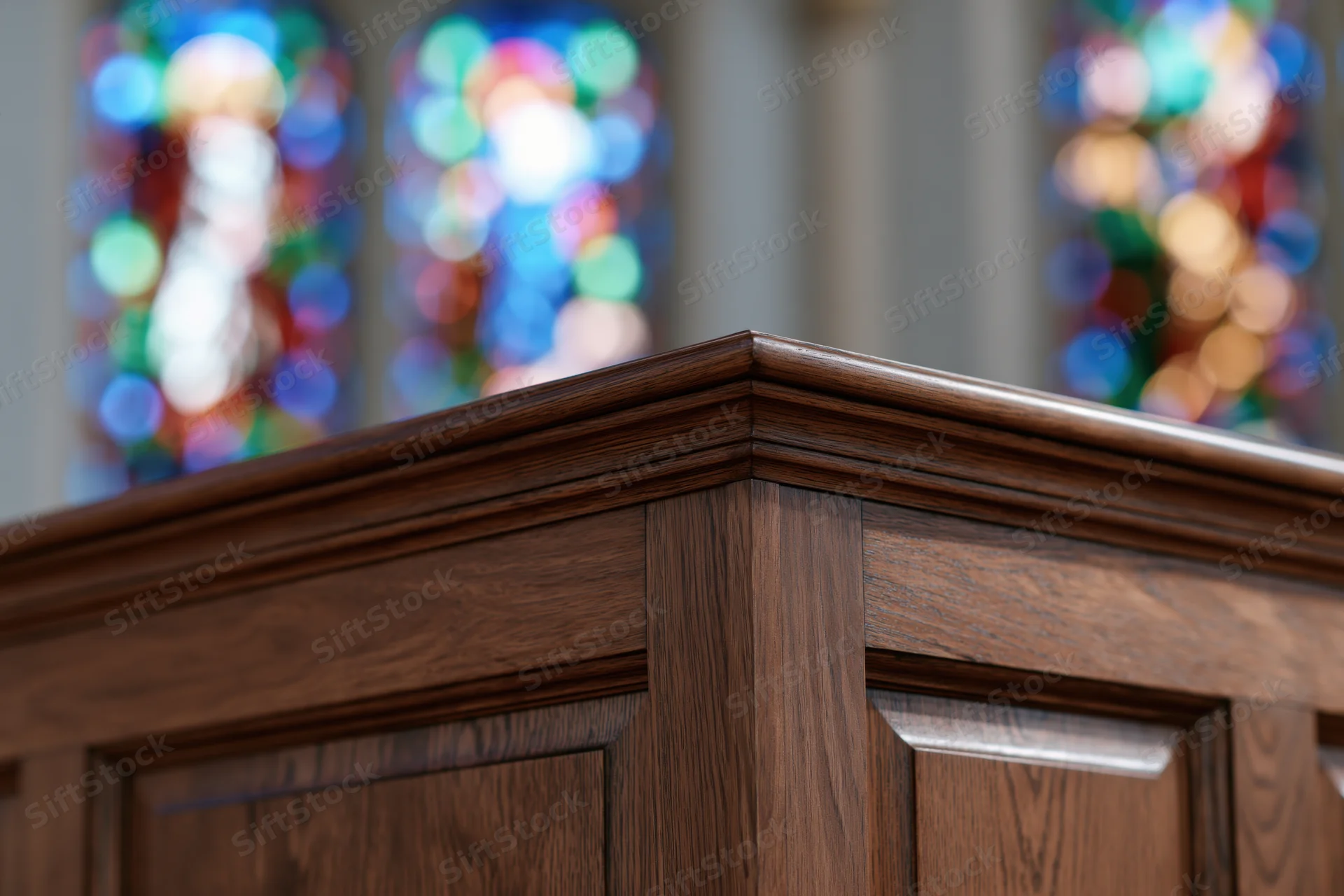 Close-up of a dark walnut wooden church pulpit corner with stained glass windows blurred in the background